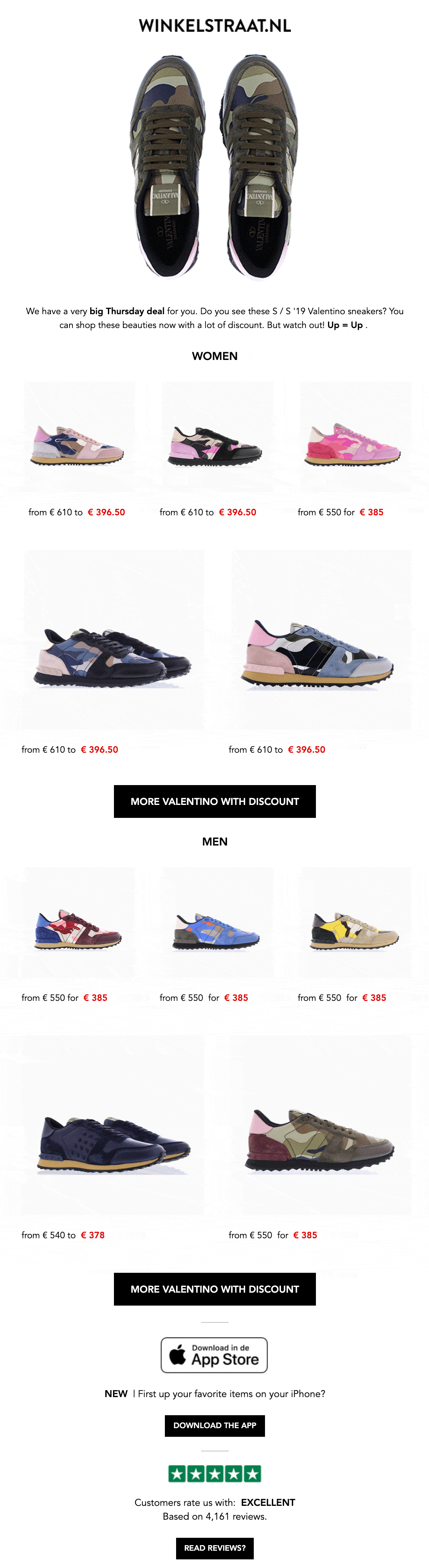email from Winkelstraat.nl shows shoe products on sale with the views of each shoe changing every second