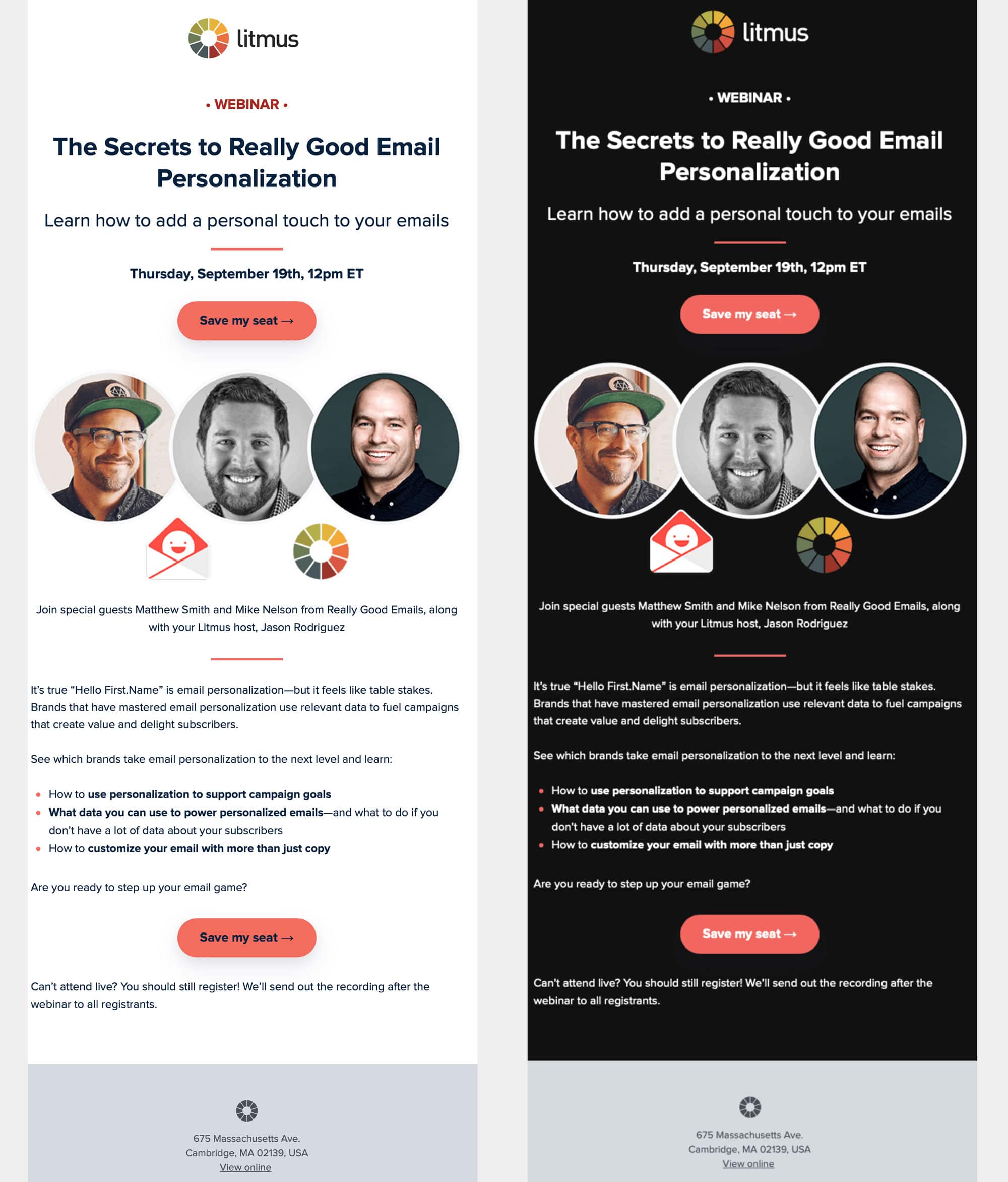 side by side of an email invite from Litmus, showing the light render on the left, and the Dark Mode render on the right