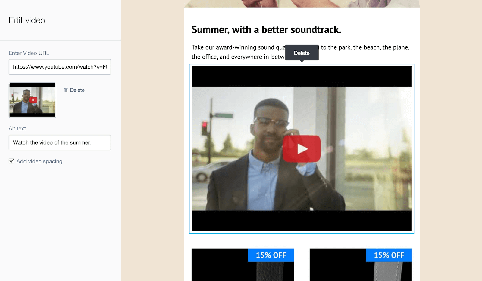 adding the url of your video automatically generates a thumbnail in campaign monitor